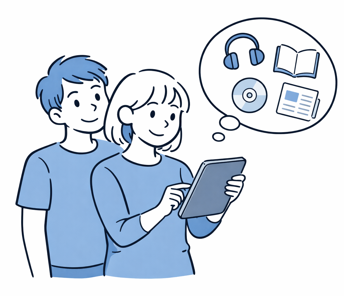Zwei Personen hintereinander. Beide gucken auf ein Tablet (Onleihe).